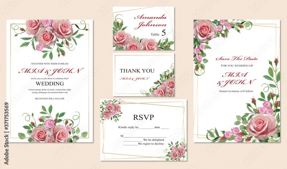 Beautiful wedding invitations and cards with floral motif on beige background, top view