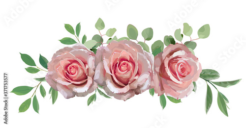 Beautiful roses with green leaves illustration on white background. Stylish design