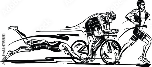 vector illustration of the three triathlon athletes swim, run and cycling photo