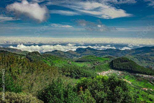 mountain range with cloud layers and green forest