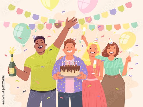 Happy friends are celebrating a birthday. Guys and girls have fun at the party. Vector illustration