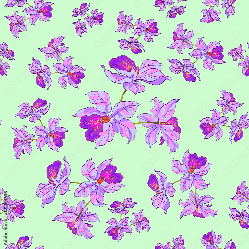 Decorative orchid flowers. Vector seamless pattern