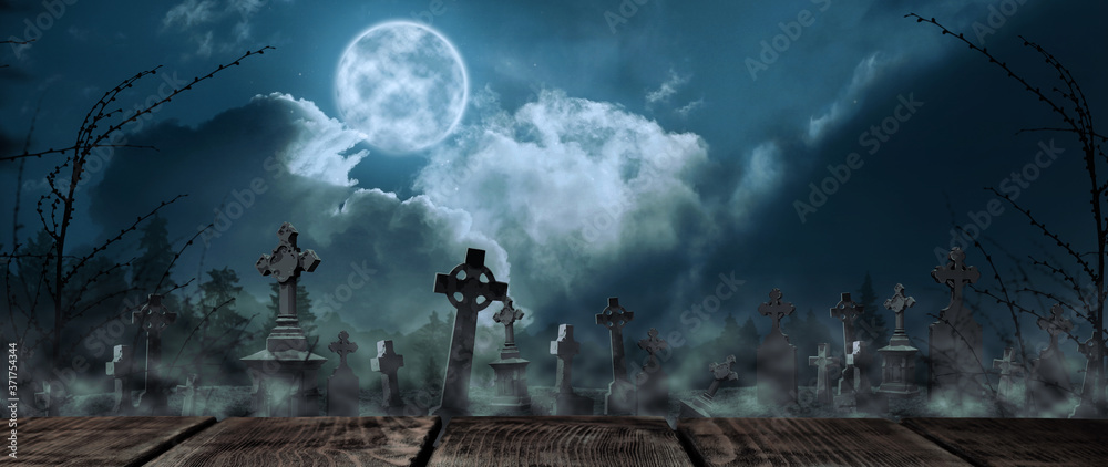 Wooden Surface And Misty Graveyard With Old Creepy Headstones Under Full Moon Halloween Banner Design Stock Photo Adobe Stock Wooden Surface And Misty Graveyard With Old Creepy Headstones Under Full Moon Halloween Banner Design Stock Photo Adobe Stock