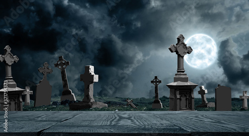 Εκτύπωση καμβά Wooden surface and moonlit graveyard with old creepy headstones