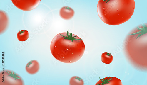 Floating fresh tomato with blue sky background