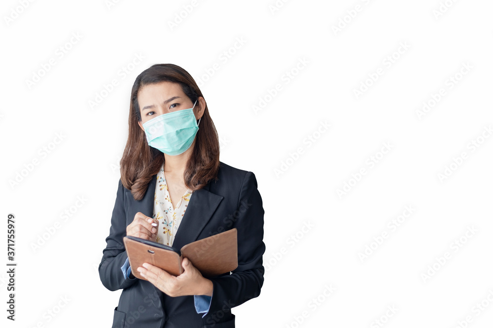 A beautiful Asian woman using a tablet to work from home and wear an antivirus mask to protect others from the coronavirus or COVID-19 on a white background. A beautiful Asian woman using a tablet to work from home and wear an antivirus mask to protect others from the coronavirus or COVID-19 on a white background.