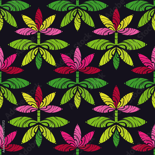 Seamless pattern with decorative flowers. Pink flowers on a black background. Design with manual hatching. Ethnic boho ornament. Textile. Vector illustration for web design or print.