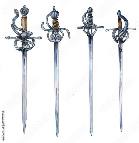 Set of antique swords with patterned hilts. Watercolor illustration. Hand-painted. Three swords isolated on a white background. Historical fencing.