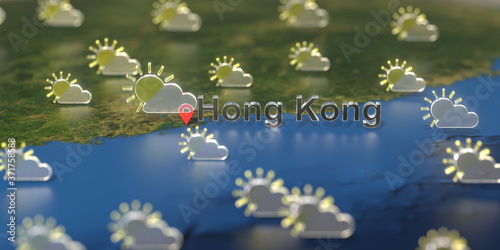 Partly cloudy weather icons near Hong Kong city on the map, weather forecast related 3D rendering