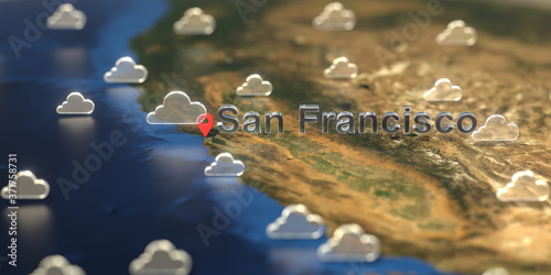 Cloudy weather icons near San Francisco city on the map, weather forecast related 3D rendering