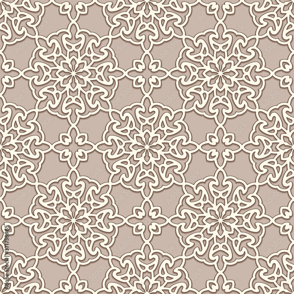 Seamless lace texture, swirly line pattern, ornamental background in beige color