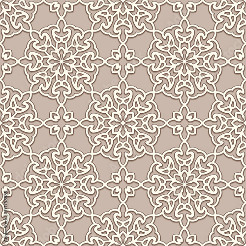 Seamless lace texture, swirly line pattern, ornamental background in beige color