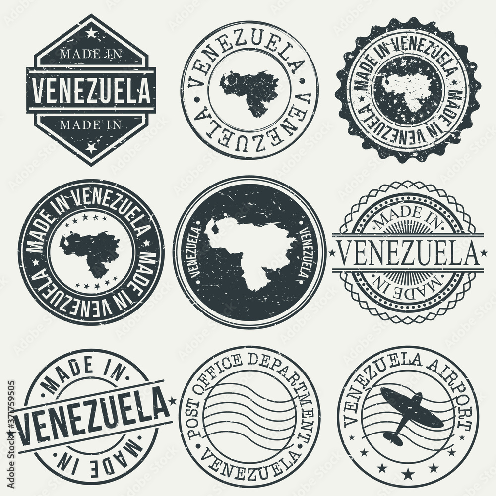 Venezuela Set of Stamps. Travel Stamp. Made In Product. Design Seals Old Style Insignia.