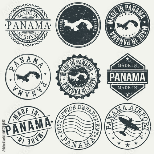 Panama Set of Stamps. Travel Stamp. Made In Product. Design Seals Old Style Insignia.