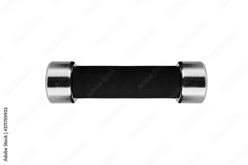One dumbbell on white background isolated close up, single metal barbell with black arm, lifting iron sport equipment, fitness bar-bell design, bodybuilding concept, healthy lifestyle, gym training One dumbbell on white background isolated close up, single metal barbell with black arm, lifting iron sport equipment, fitness bar-bell design, bodybuilding concept, healthy lifestyle, gym training