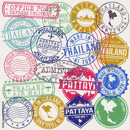 Pattaya Thailand Set of Stamps. Travel Stamp. Made In Product. Design Seals Old Style Insignia.