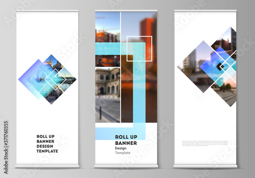 The vector illustration of the editable layout of roll up banner stands, vertical flyers, flags design business templates. Creative trendy style mockups, blue color trendy design backgrounds.