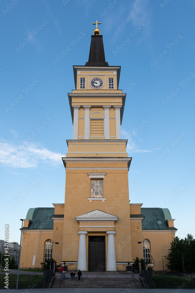 Oulu, Finland - June 2020: Cathedral of Oulu at nightfall, summertime