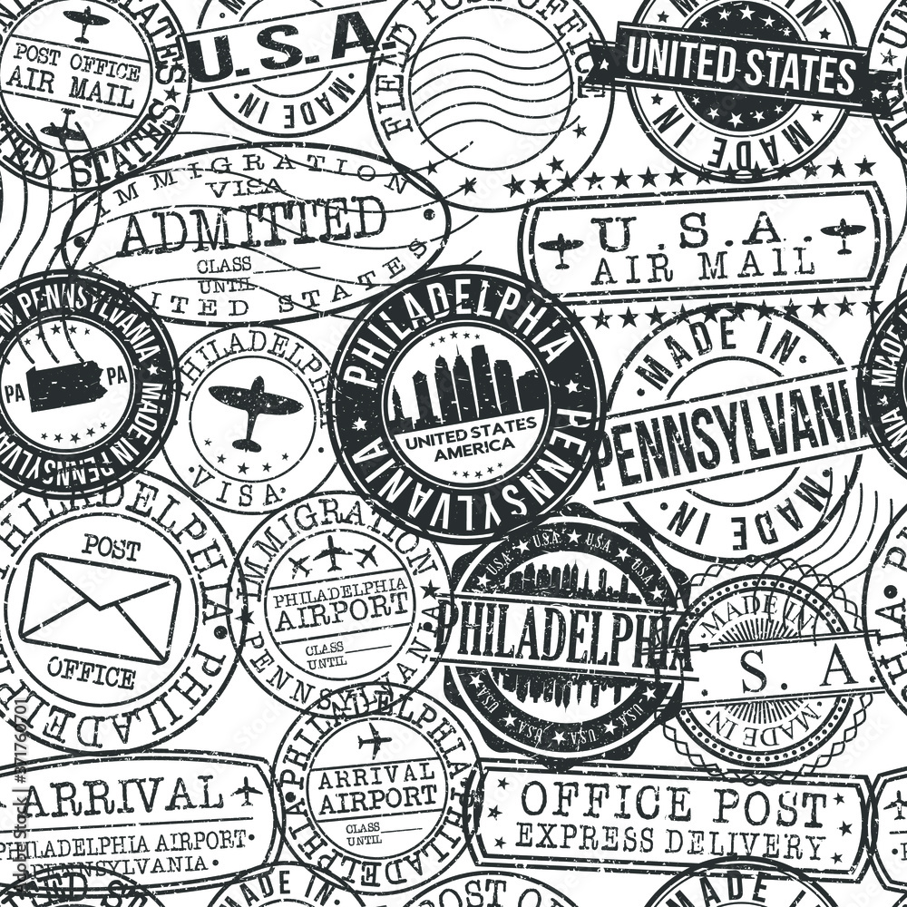 Philadelphia Pennsylvania Stamps. City Stamp Vector Art. Postal Passport Travel. Design Set Pattern.