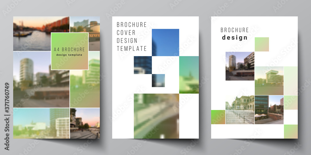 Vector layout of A4 cover mockups design templates for brochure, flyer layout, booklet, cover design, book design, brochure cover. Abstract project with clipping mask green squares for your photo. Vector layout of A4 cover mockups design templates for brochure, flyer layout, booklet, cover design, book design, brochure cover. Abstract project with clipping mask green squares for your photo.