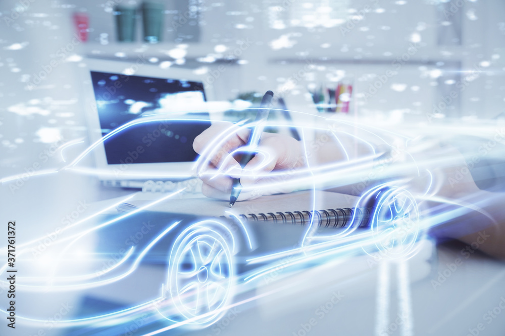 Tech autopilot theme hologram over woman's hands taking notes background. Concept of hightech. Double exposure Tech autopilot theme hologram over woman's hands taking notes background. Concept of hightech. Double exposure