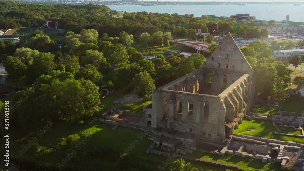 Ruins of ancient Pirita monastery. 4K Aerial view of Convent of St. Birgitta in Tallinn, Estonia. Ruins of ancient Pirita monastery. 4K Aerial view of Convent of St. Birgitta in Tallinn, Estonia.