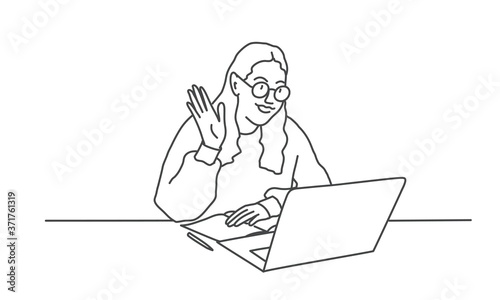 Happy young business woman looking at computer screen, waving hello. Line drawing vector illustration.