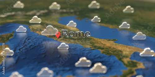 Rome city and cloudy weather icon on the map, weather forecast related 3D rendering