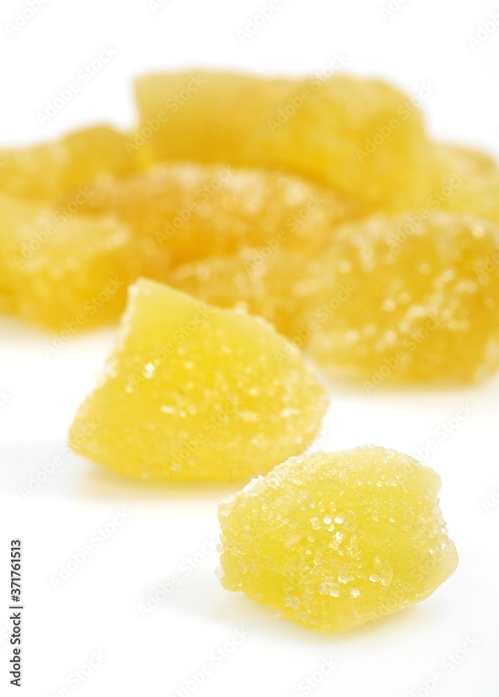 Ginger Crystallised, zingiber officinale against White Background Ginger Crystallised, zingiber officinale against White Background
