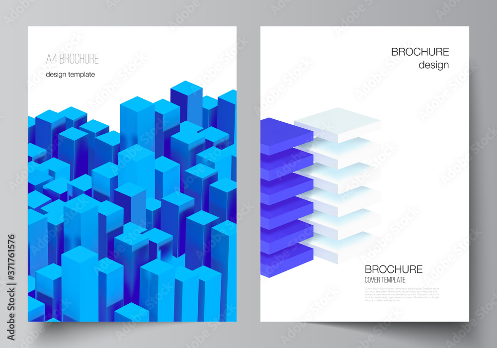 Vector layout of A4 cover mockups templates for brochure, flyer layout, booklet, cover design, book design. 3d render vector composition with dynamic realistic geometric blue shapes in motion.