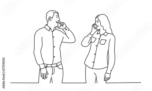 Happy young man and woman talking on a mobile phone. Line drawing vector illustration.
