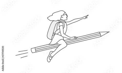 Flying schoolgirl on a pencil. Line drawing vector illustration.