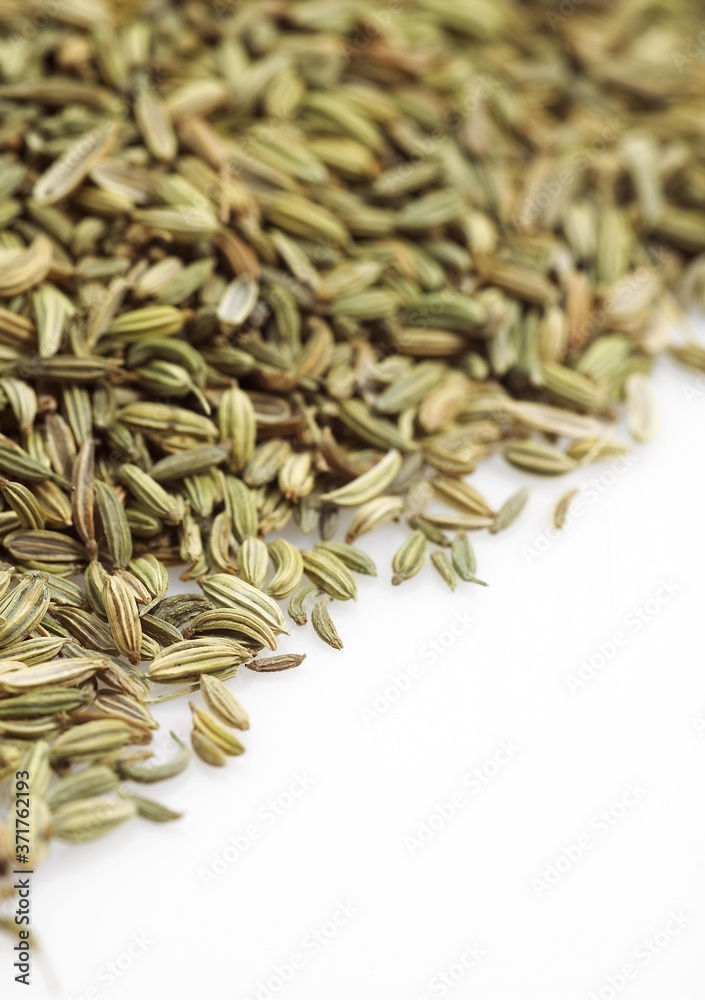 Seeds of Fennel, foeniculum vulgare against White Background