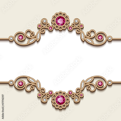 Vintage frame with diamond and ruby jewelry decoration, gold flourish vignette, elegant wedding invitation card design.