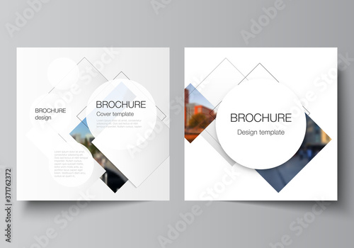 Vector layout of two square format covers design templates with geometric simple shapes, lines and photo place for brochure, flyer, magazine, cover design, book, brochure cover.