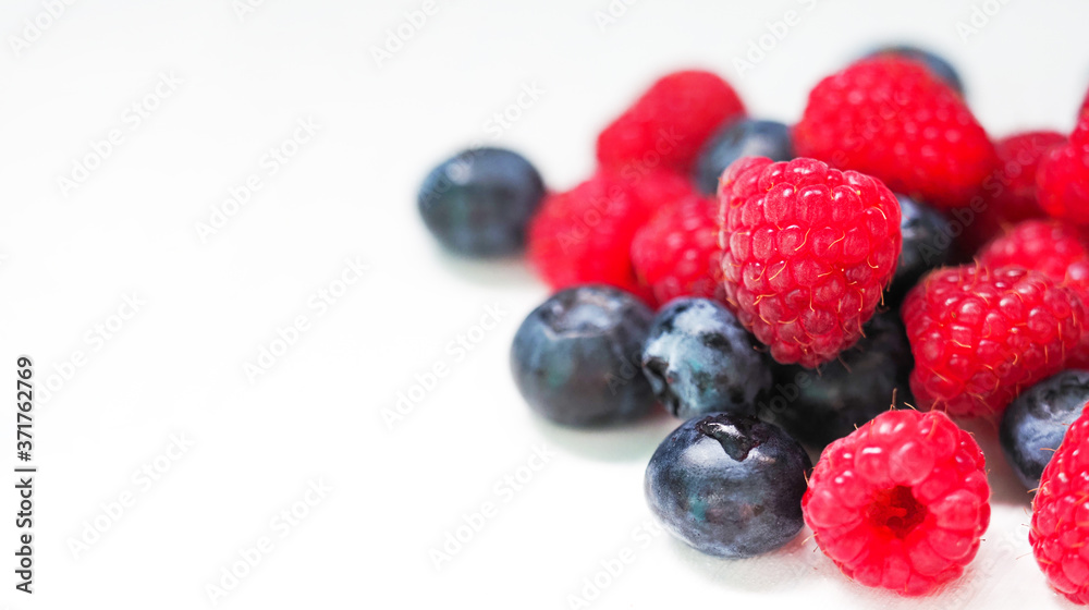 Raspberry and blueberry fruits on white background. Selected freshly picked ripe juicy berries, panoramic view Raspberry and blueberry fruits on white background. Selected freshly picked ripe juicy berries, panoramic view