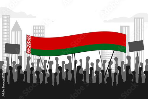 Protest, meeting, revolution in Belarus. Silhouettes of protesters, revolutionaries with the flag of Belarus. Raised fists, posters