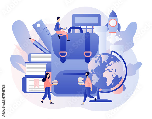 Back to School. Tiny people with huge backpack, educational tools, calculator, school stationery, globe and books. Education concept. Modern flat cartoon style. Vector illustration on white background