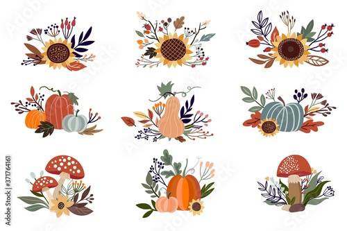 Autumn floral arrangements set isolated on white, with pumpkins, sunflowers and mushrooms