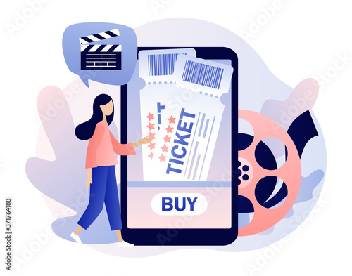 Movie tickets online sale. Tiny girl buy tickets on the smartphone app. Online cinema. Mobile movie theater. Cinematography. Modern flat cartoon style. Vector illustration on white background