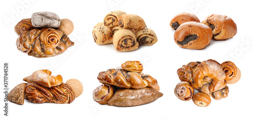 Set of different pastries with poppy seeds on white background. Banner design