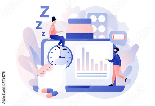 Sleep control in web site. Tiny people suffers from insomnia. Alarm clock, sleeping pills, mask. Stress, depression and sleeping problems. Modern flat cartoon style. Vector illustration