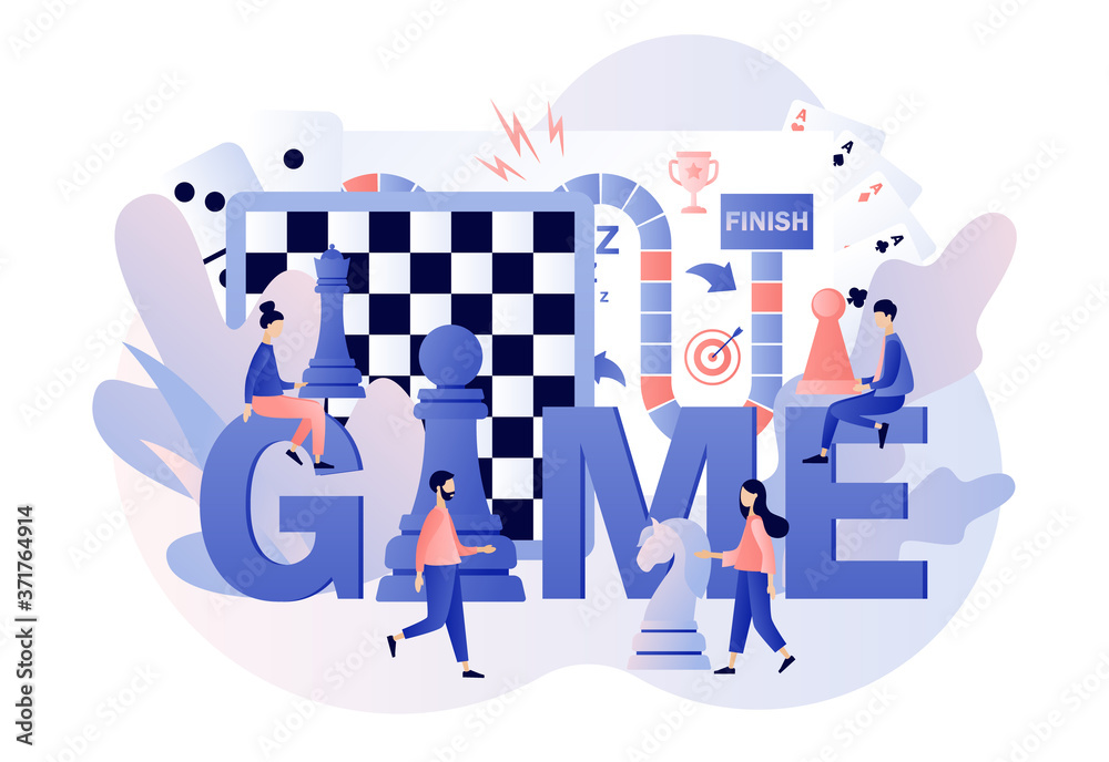 Board games. Leisure time activity, whole family or friends activity. Tiny people playing and winning chess, domino, game cards and dice. Modern flat cartoon style. Vector illustration 