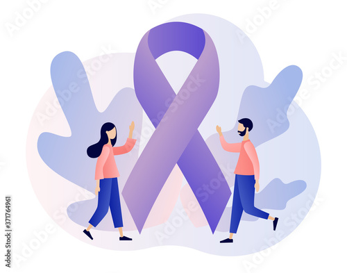 Purple ribbon as symbol domestic violence. Tiny people and stop violence sign. International day for the elimination of violence against women. Modern flat cartoon style. Vector illustration on white 