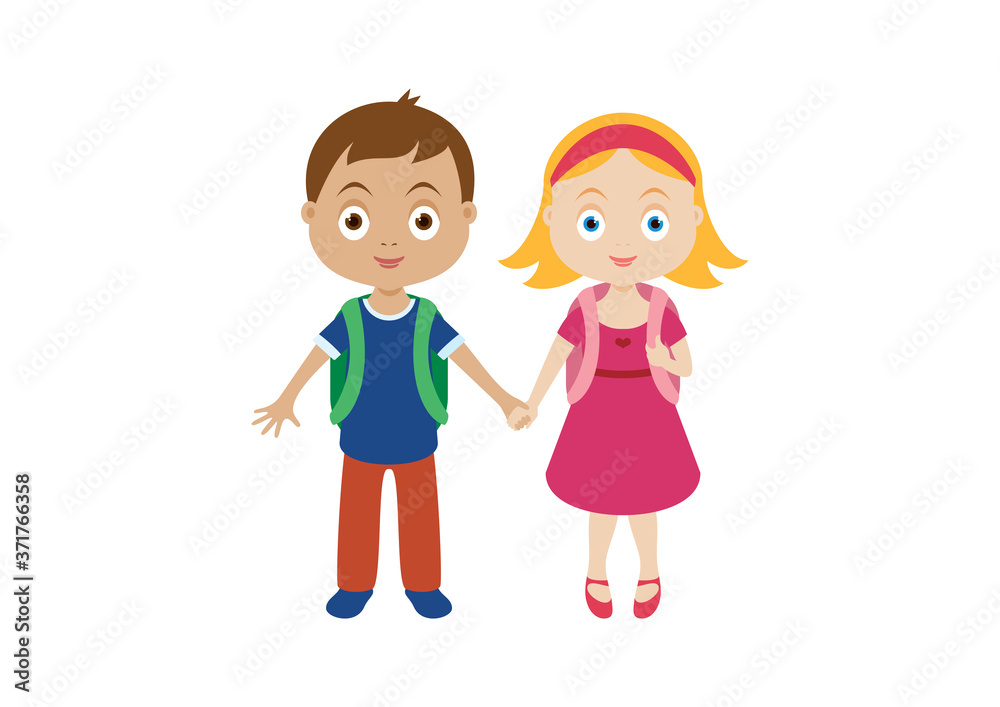 Two cute kids holding hands icon vector. Back to school children icon vector. School children cartoon character. Couple of happy kids icon isolated on a white background Two cute kids holding hands icon vector. Back to school children icon vector. School children cartoon character. Couple of happy kids icon isolated on a white background