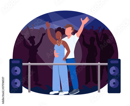 Club concert 2D vector web banner, poster. Nightclub show. Man and woman watch performance. Interracial couple flat characters on cartoon background. Nightlife printable patch, colorful web element