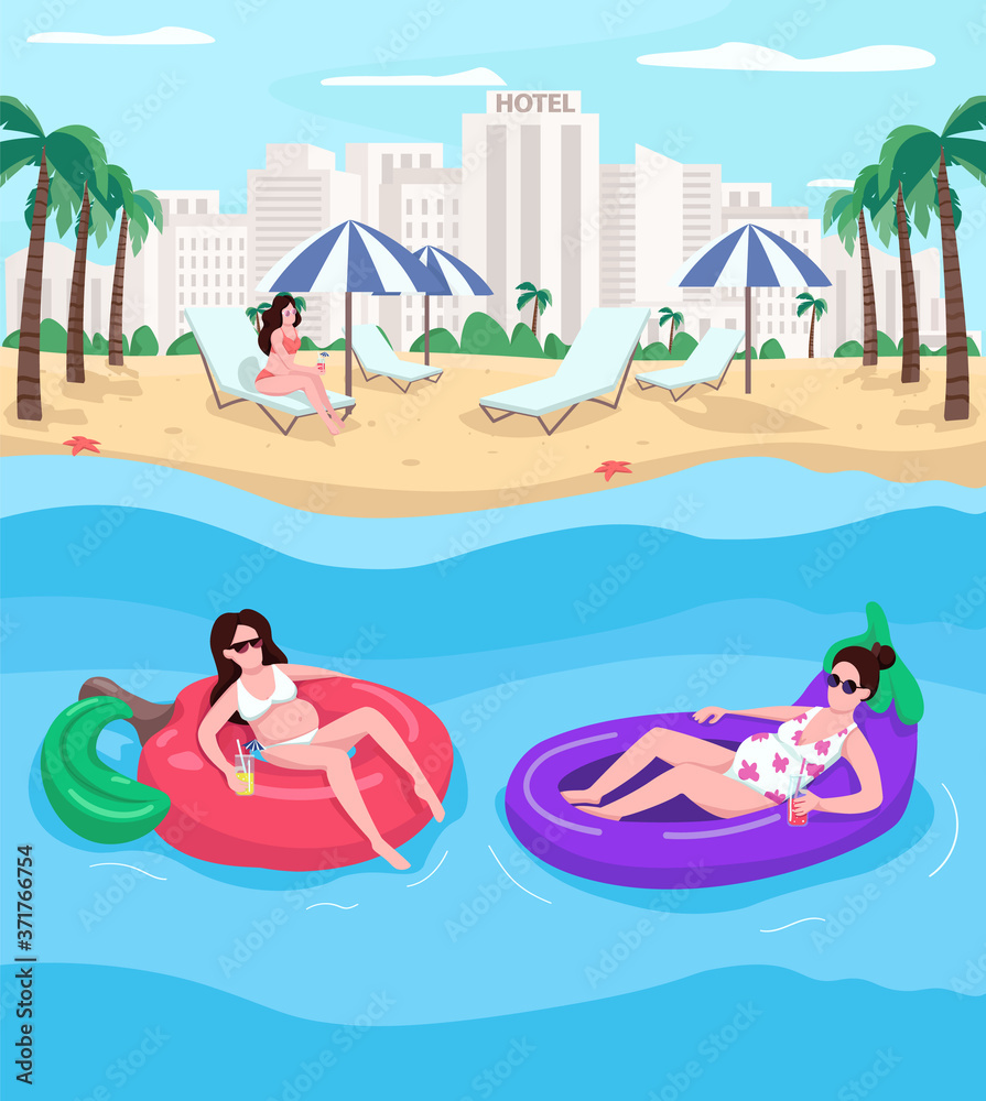 Pregnant women resting at beach flat color vector illustration. Seaside resort. Summer vacations. Ladies floating on air mattresses. 2D cartoon characters with cityscape on background