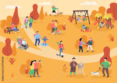 Rest in autumn park flat color vector illustration. People walking with pets. Park visitors having fun. Pastime. Outdoor recreation area in fall 2D cartoon characters with trees on background