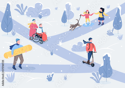 Winter parkland flat color vector illustration. Children with dog and elderly couple in snowy park. Winter outdoor time spending 2D cartoon characters with snowy trees on background