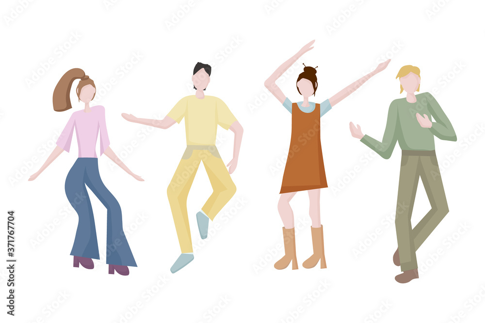 Fototapeta premium young men and women dancing together at a party or disco. It's time to relax and get some rest. Fun to celebrate a holiday or birthday. Dance moves, activity, entertainment. Flat design